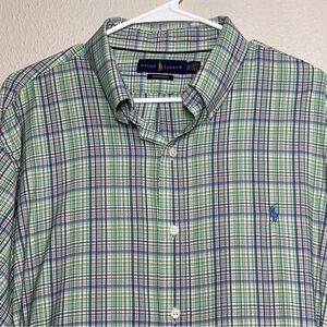 Ralph Lauren Performance Shirt Mens XXL Long Sleeve Plaid Button Up Blue Green